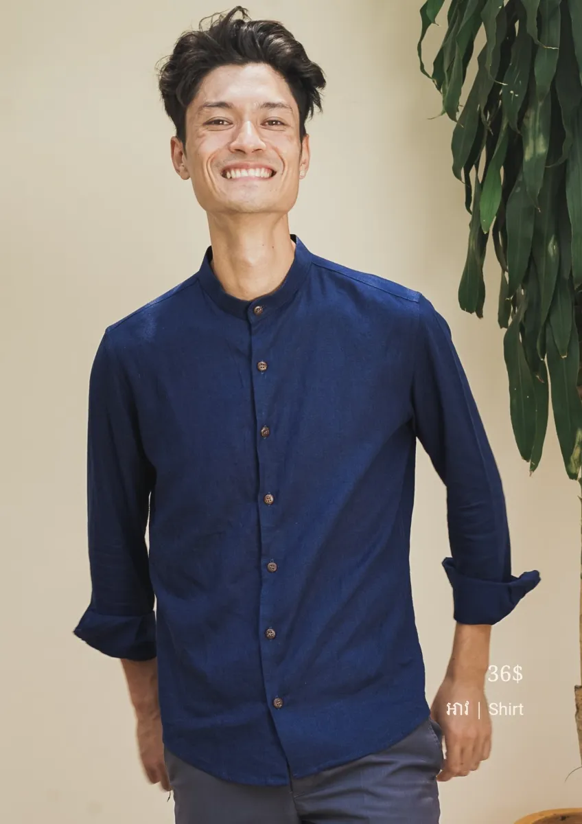 Men's Mandarin Collar Long Sleeve Shirts Blue - M