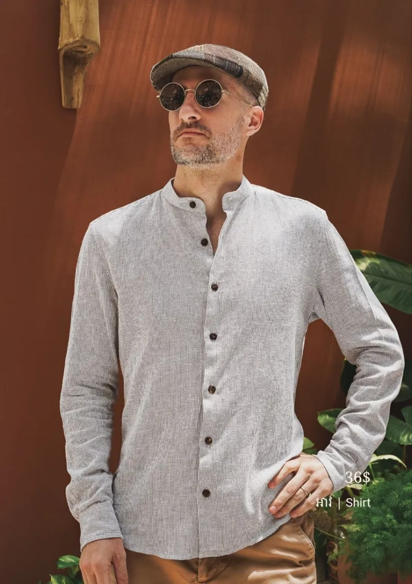 Men's Mandarin Collar Long Sleeve Shirts Stripe - S